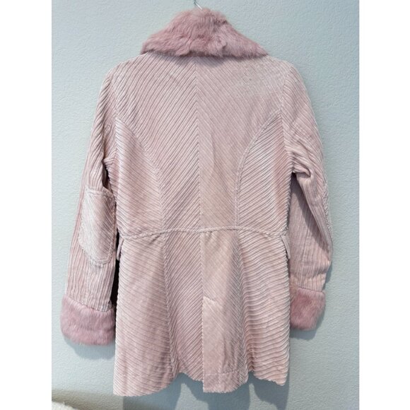 Arden B Dusty Pink Courduroy Trench Coat with Real Rabbit Fur Collar - Picture 2 of 3